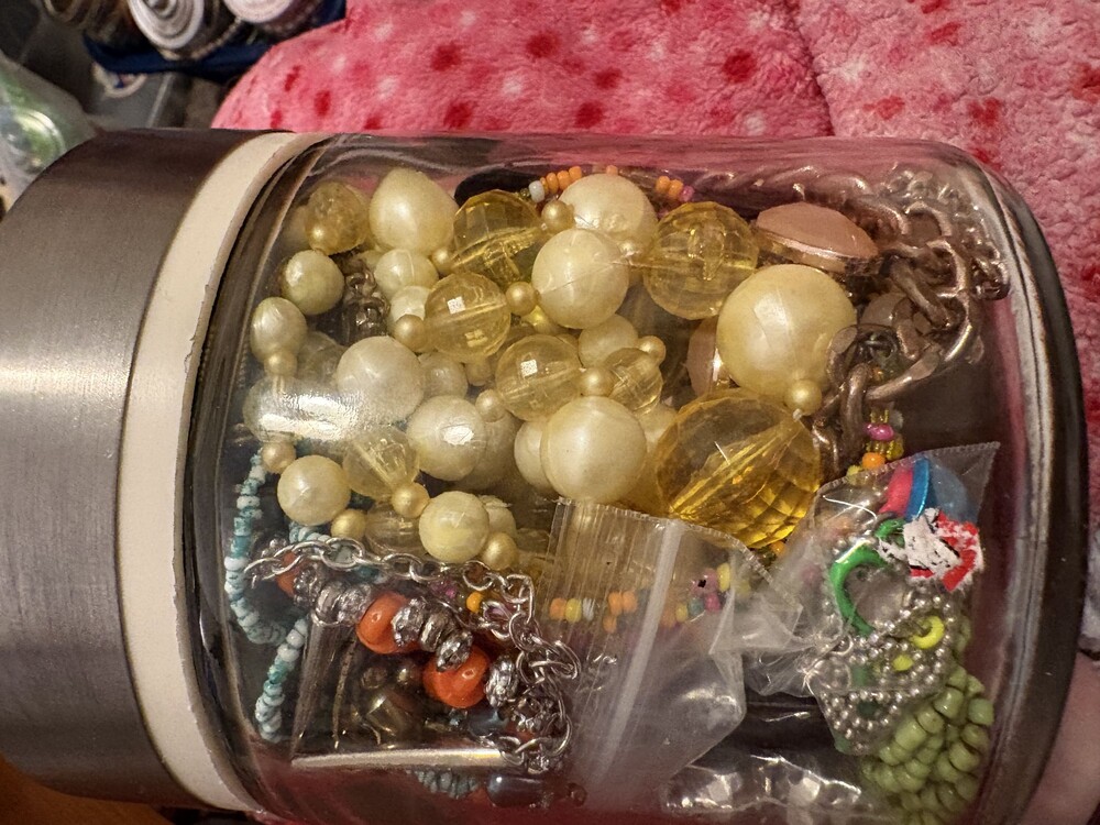 Assorted Jewelry Lot in Glass Jar Mixed Beaded Bracelets and Chains